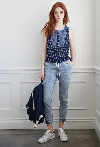 Black Sleeveless Printed Top with Greyish Blue Cropped Jogger Jeans