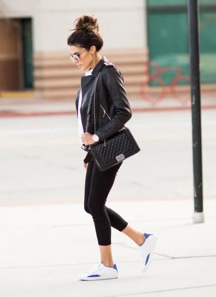 Black Leather Jacket with Leggings & White Tunic Blouse