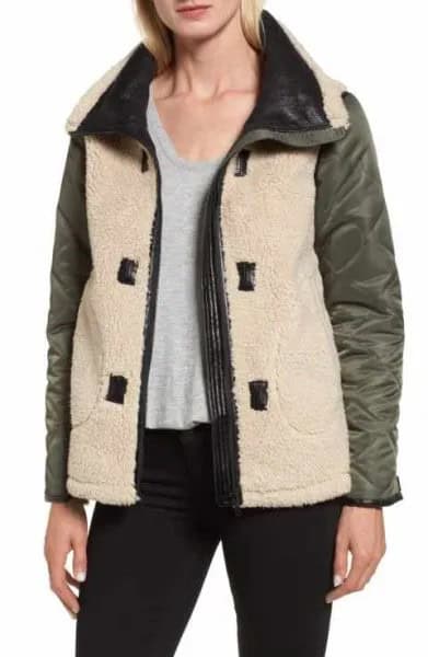 White and Grey Shearling Bomber Jacket with Black Skinny Jeans