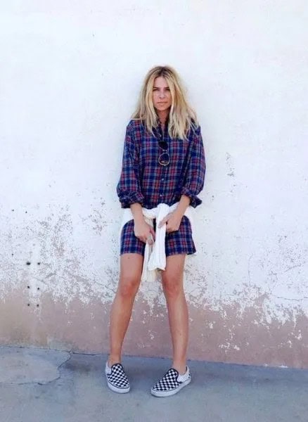 Blue Boyfriend Shirt Dress with Black and White Plaid Shoes