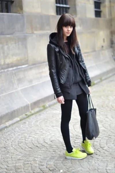 Black Leather Jacket with Mini Skirt & Yellow Sneakers