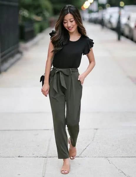 Black Ruffle Sleeve Tee with Army Green Tie Front Slim Fit Pants