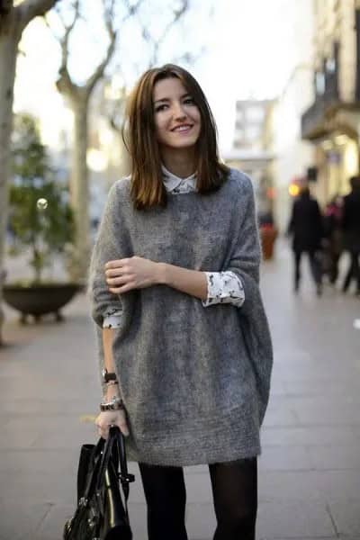 Grey Oversized Sweater with White and Black Printed Button Up Shirt