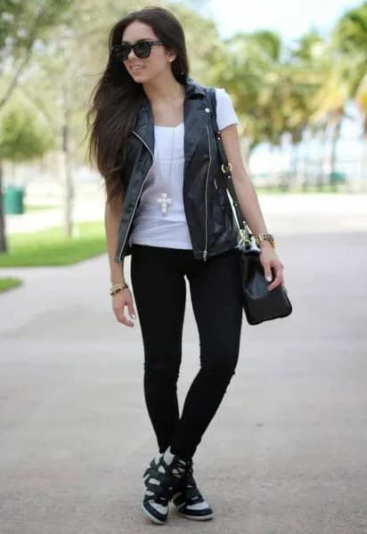 Black Leather Vest with White T Shirt & Jeans