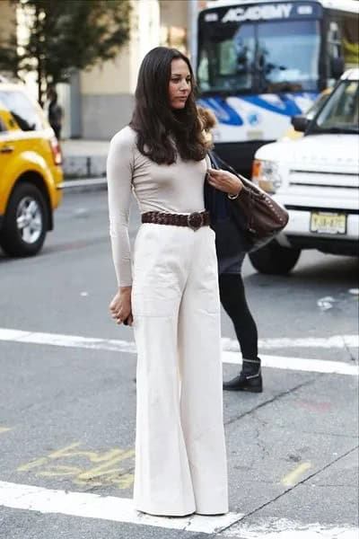 Pale Pink Long Sleeve Tee with White Wide Leg Trousers