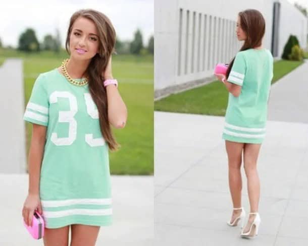 Light Pink and White Baseball Jersey Shirt Dress with Open Toe Heels