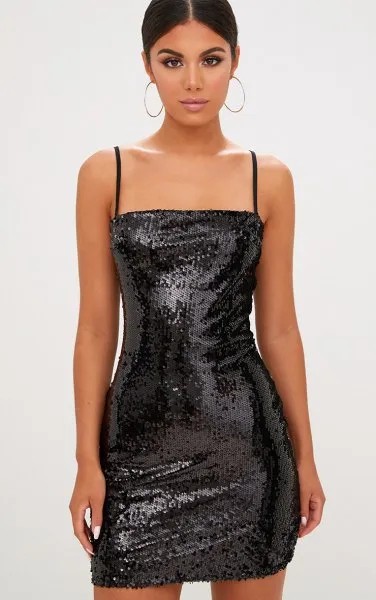 Spaghetti Strap Black Sequin Tube Dress