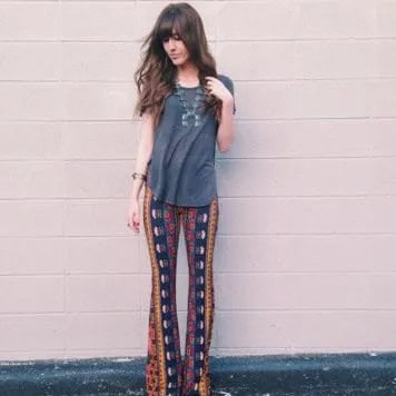 Grey T Shirt with Navy Blue and Orange Tribal Printed Bell Bottom Yoga Pants