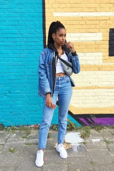 Blue Denim Jacket with White Cropped Vest Top & High Rise Jeans