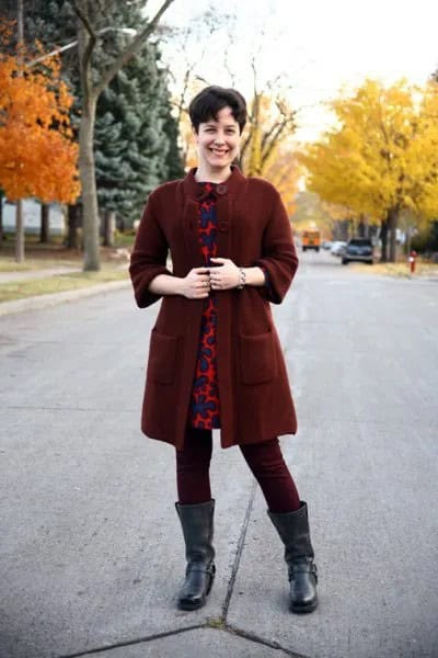 Dark Red Button Up Tunic Sweater Over Leopard Print Mini Dress