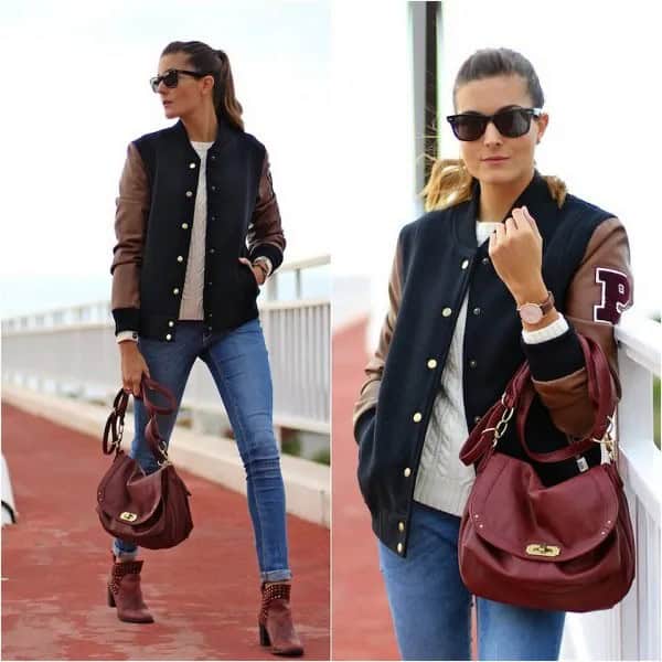 Grey and Navy Blue Jacket with Grey Suede Heeled Ankle Boots