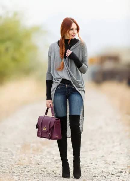 Grey High Low Wrap Cardigan with Black Mock Neck Sweater