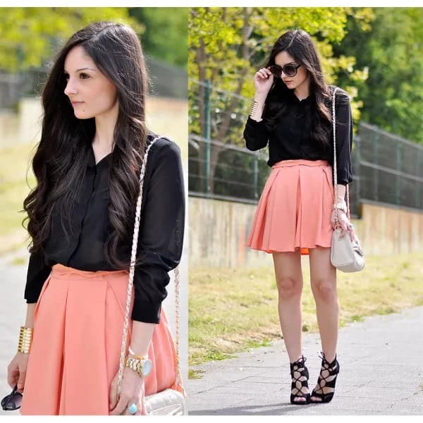 Black Button Up Shirt with Pale Orange Mini Skater Skirt