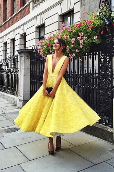 Yellow Lace Fit and Flare Deep V Neck Midi Dress with Black Heels