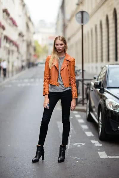 Yellowish Brown Leather Jacket with Grey Tee & Jeans