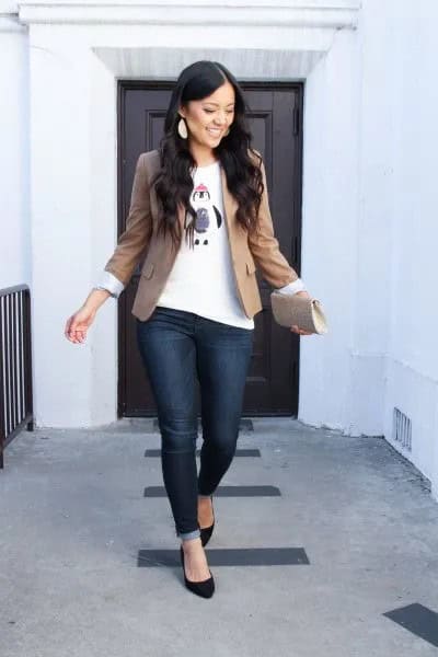 Green Blazer Jacket with White Graphic Tee & Dark Blue Jeans