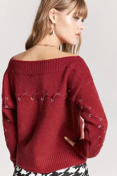 Red Boat Neck Sweater with Lace Up Details