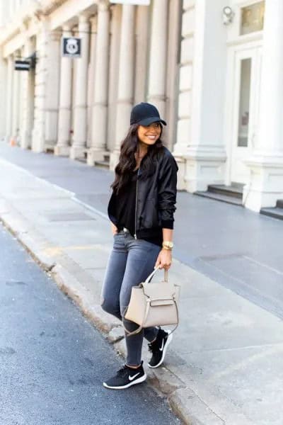 Navy Blue Baseball Cap with Black Flight Jacket & Sneakers