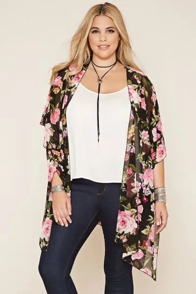 Black Chiffon Longline Jacket with Dark Blue Skinny Jeans