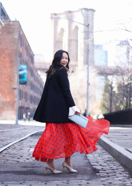 Maxi Polka Dot Chiffon Skirt with Black Wool Coat