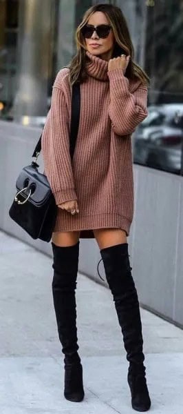 Green Ribbed Sweater Dress with Black Suede Thigh High Boots