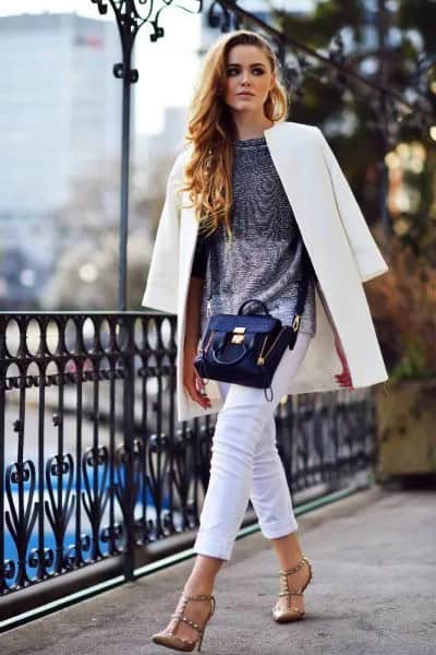 White Long Blazer with Silver Top & Bronze Heels