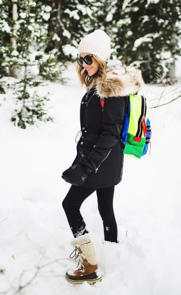 Black Coat with Leggings & White and Brown Mid-Calf Snow Boots