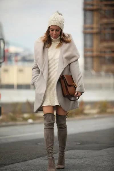 White Turtleneck Sweater Dress with Grey Longline Wool Coat