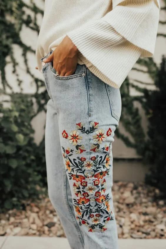 Embroidery Jeans and White Ruffle Sweater