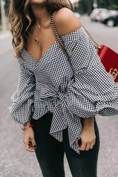 Black and White Deep V Neck Checkered Knotted Going Out Top