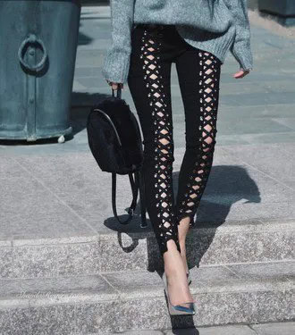 Grey Chunky Knit Sweater with Black Lace Up Cutout Leather Pants