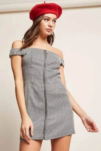 Black and White Plaid Off-Shoulder Zip Front Dress