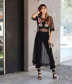 Black Sheer Floral Mesh Dress Over Halter Top & Pants