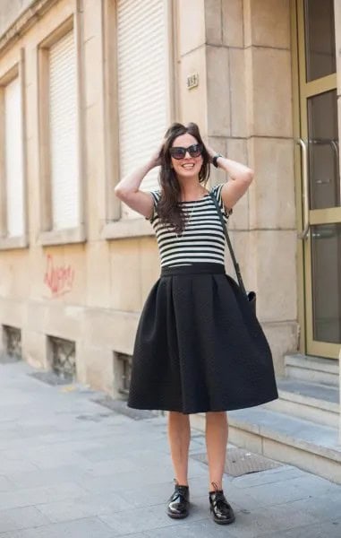 Black Midi Circle Skirt with Striped T Shirt