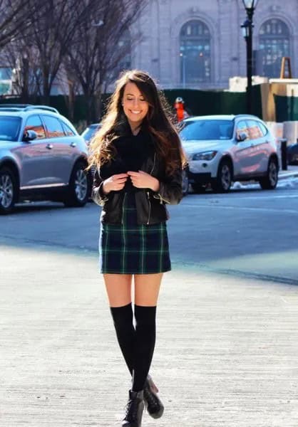 Black Leather Jacket with Navy Plaid Mini Skirt & Ankle Boots