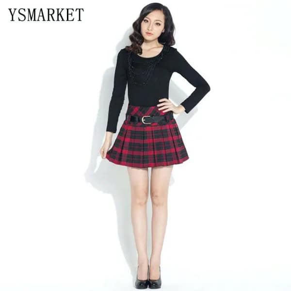 Black Long Sleeve Scoop Neck Tee with Red Plaid Mini Belted Skirt