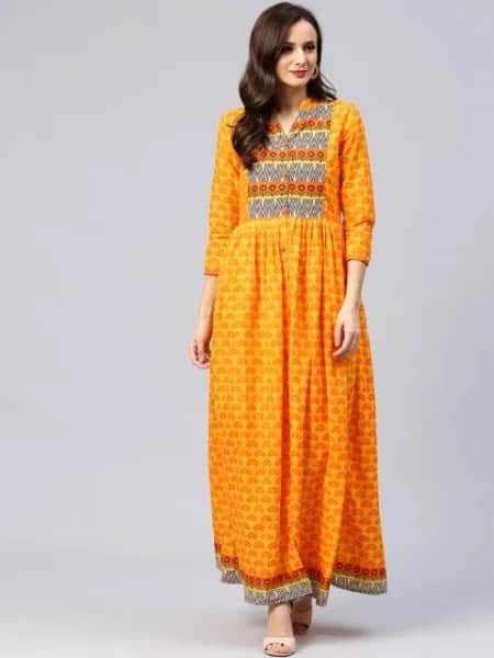 Mustard Three-Quarter Sleeve Tribal Printed Maxi Dress