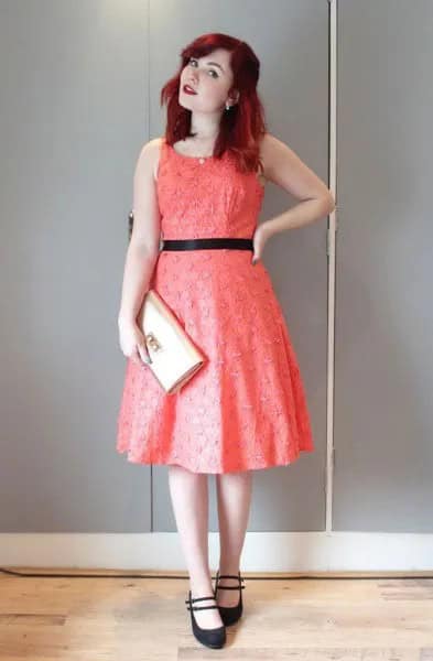 Red Belted Sleeveless Fit anf Flare Midi Occasion Dress