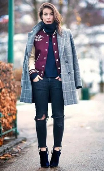 Grey Plaid Wool Coat Over Baseball Jacket