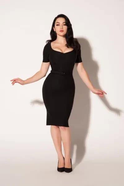 Black Low Cut Knee Length Bodycon Dress with Leather Heels