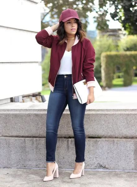 Moroon Jacket with White Pointed Toe Pumps & Grey Baseball Cap