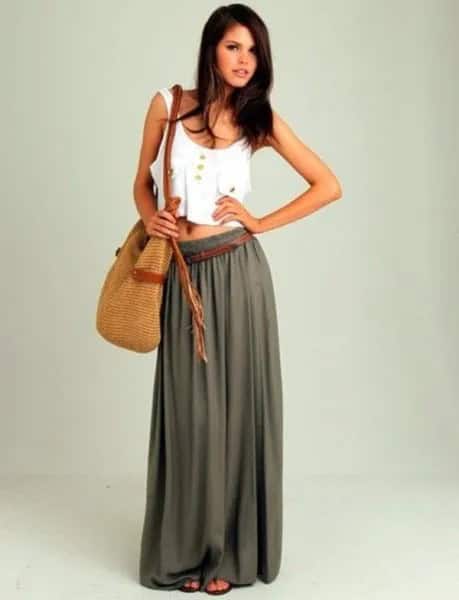 White Vest Crop Top with Green Floor Length Skirt