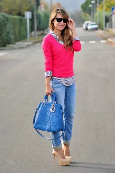 Pink Knit Sweater with Black and White Polka Dot Shirt & Cuffed Jeans