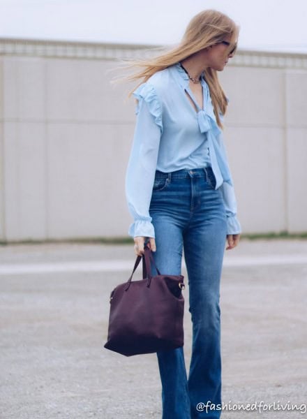 Ruffle Shoulder Puff Sleeve Light Blue Blouse with Flared Jeans