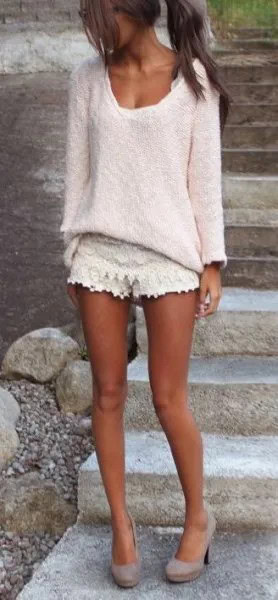 Crochet Shorts with White V Neck Lace Sweater