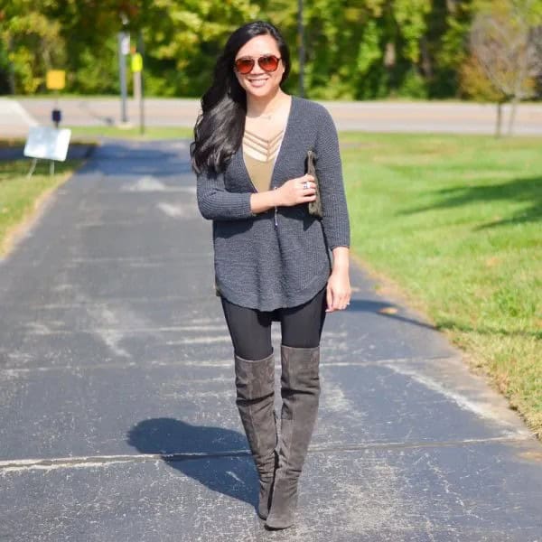 Grey Sweater with Thigh High Suede Heeled Zipper Boots