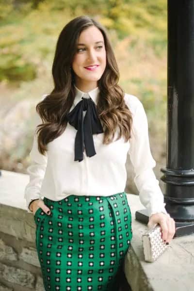 White Bow Shirt with Grey Printed Pencil Skirt