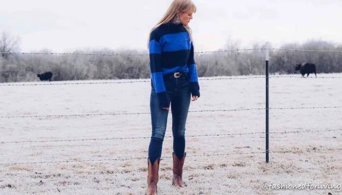 Royal Blue Striped Pullover Sweater with Brown Mid Calf Suede Square Toe Boots