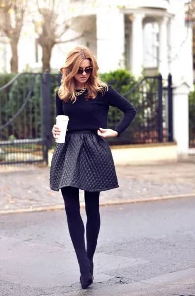 Leather Quilted Flared Mini Skirt with Black Skinny Fit Sweater