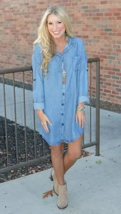 Light Blue Long Sleeve Denim Shirt Dress